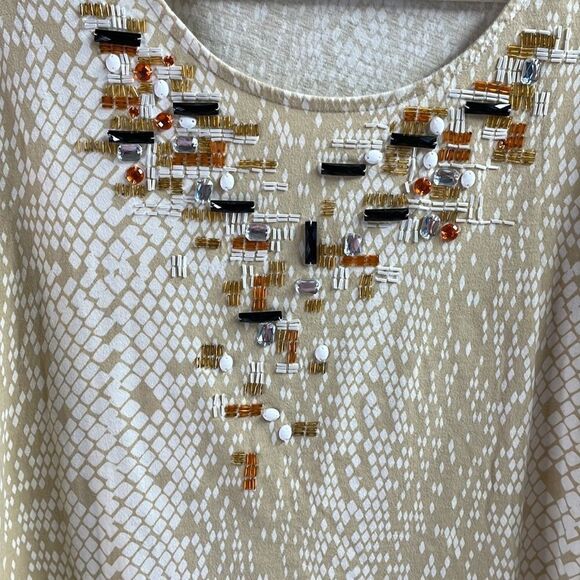 Coral Bay Womens 2X Sequined Jeweled Neckline Tan White Scoop Neck Top - Picture 4 of 6